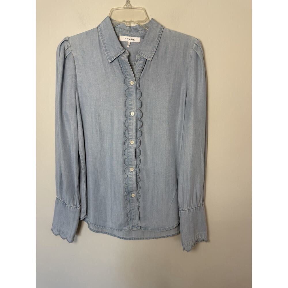 Frame Soft Chambray Tencel Button Down Scallop Long Sleeve Blouse Sz S $245 - Picture 3 of 9